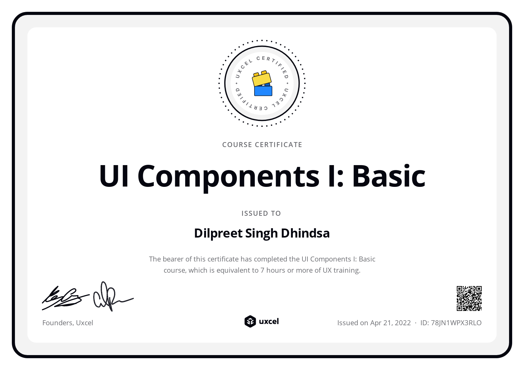Dilpreet Singh Dhindsa's certificate